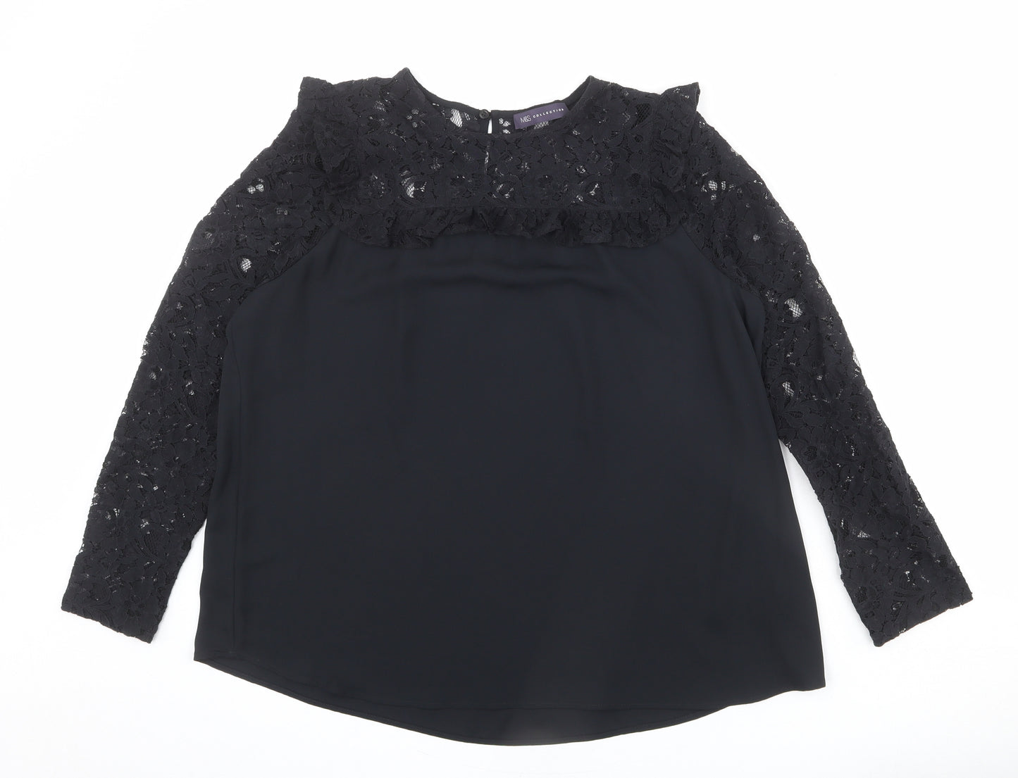 Marks and Spencer Womens Black Polyester Basic Blouse Size 12 Round Neck - Lace Neckline