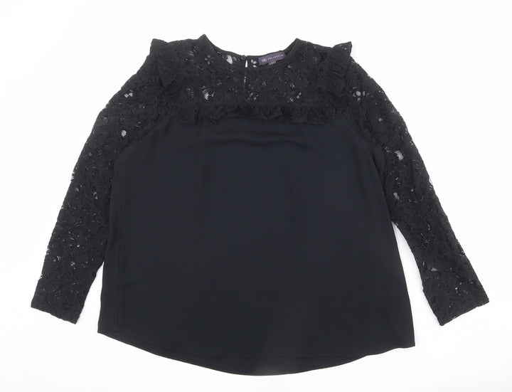 Marks and Spencer Womens Black Polyester Basic Blouse Size 12 Round Neck - Lace Neckline