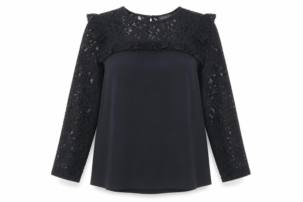 Front view of Marks & Spencer women’s black polyester basic blouse, size UK 12, round neck - lace neckline