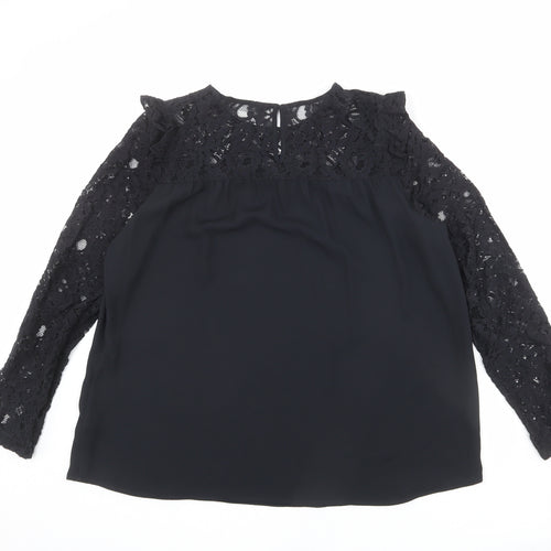 Marks and Spencer Womens Black Polyester Basic Blouse Size 12 Round Neck - Lace Neckline