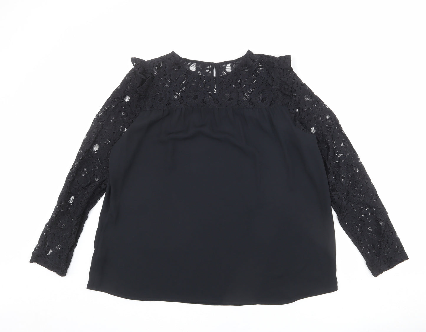 Marks and Spencer Womens Black Polyester Basic Blouse Size 12 Round Neck - Lace Neckline