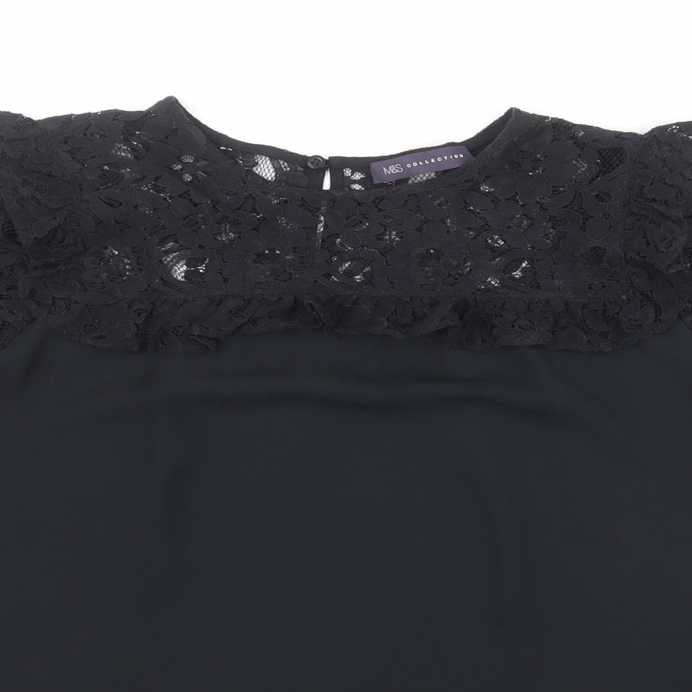 Marks and Spencer Womens Black Polyester Basic Blouse Size 12 Round Neck - Lace Neckline