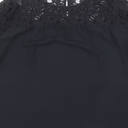 Marks and Spencer Womens Black Polyester Basic Blouse Size 12 Round Neck - Lace Neckline