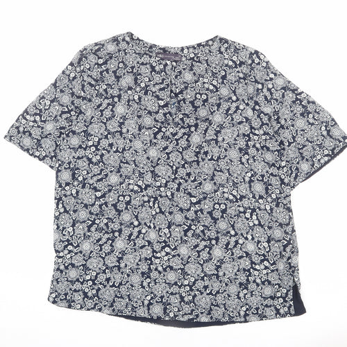 Marks and Spencer Womens Blue Floral Polyester Basic Blouse Size 14 Round Neck