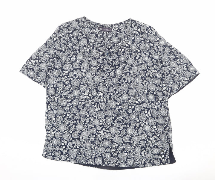 Marks and Spencer Womens Blue Floral Polyester Basic Blouse Size 14 Round Neck