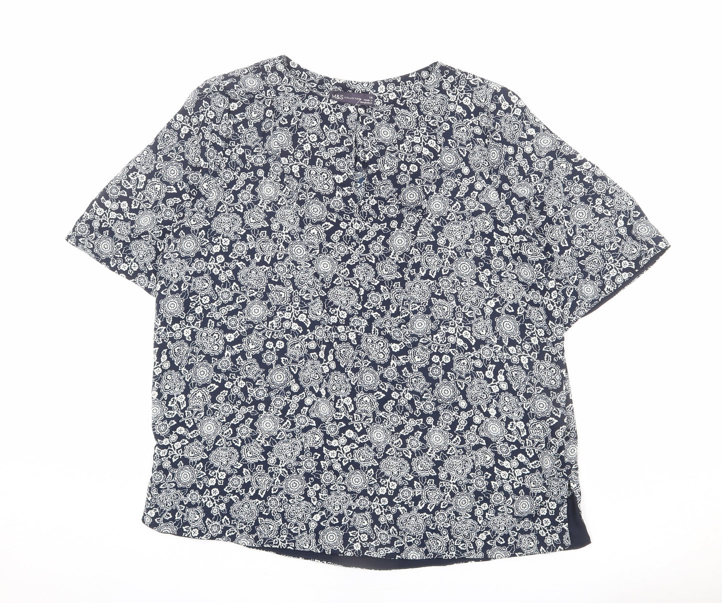 Marks and Spencer Womens Blue Floral Polyester Basic Blouse Size 14 Round Neck