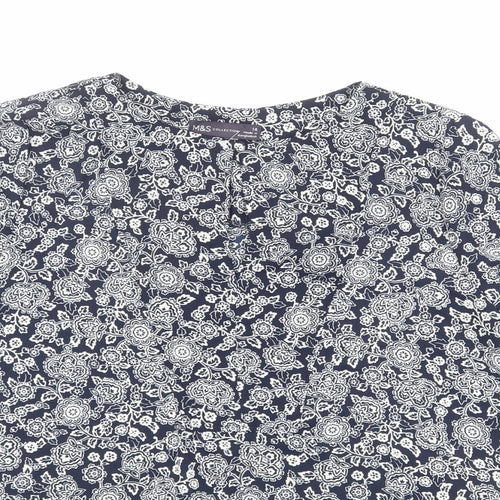 Marks and Spencer Womens Blue Floral Polyester Basic Blouse Size 14 Round Neck