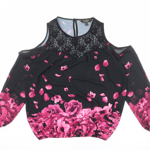 Lipsy Womens Black Floral Polyester Basic Blouse Size 12 Round Neck - Cold Shoulder