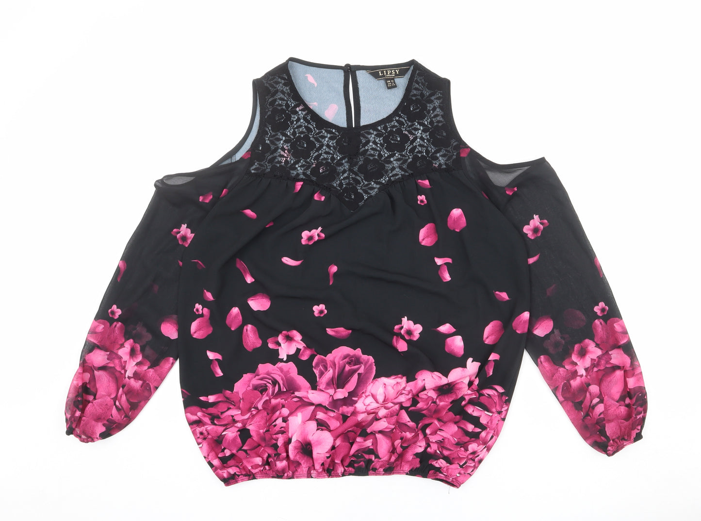 Lipsy Womens Black Floral Polyester Basic Blouse Size 12 Round Neck - Cold Shoulder