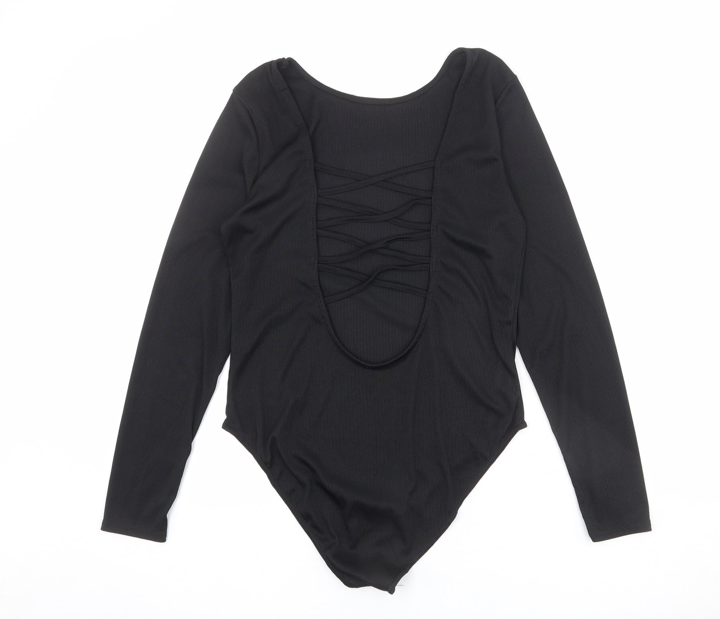 Missguided Womens Black Polyester Bodysuit One-Piece Size 14 Snap - Lace Up Back Detail