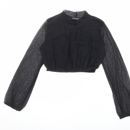 PRETTYLITTLETHING Womens Black Polka Dot Polyester Cropped Blouse Size 12 Mock Neck