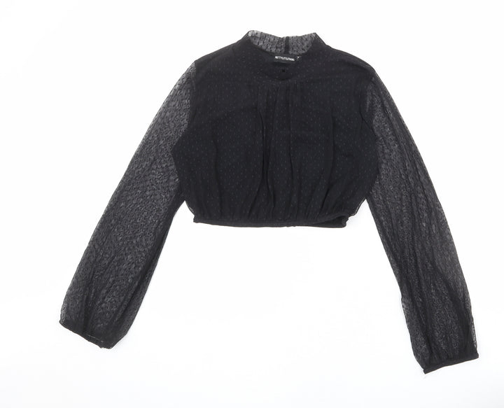 PRETTYLITTLETHING Womens Black Polka Dot Polyester Cropped Blouse Size 12 Mock Neck