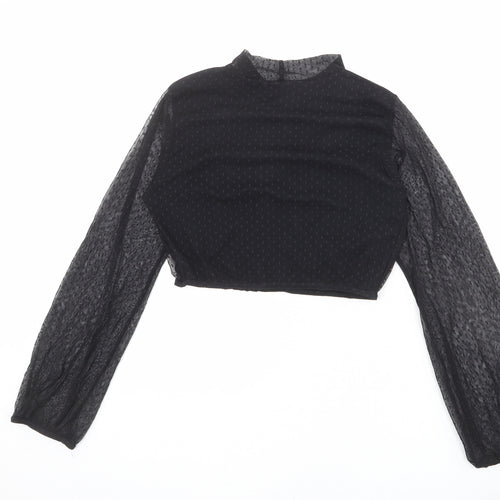 PRETTYLITTLETHING Womens Black Polka Dot Polyester Cropped Blouse Size 12 Mock Neck