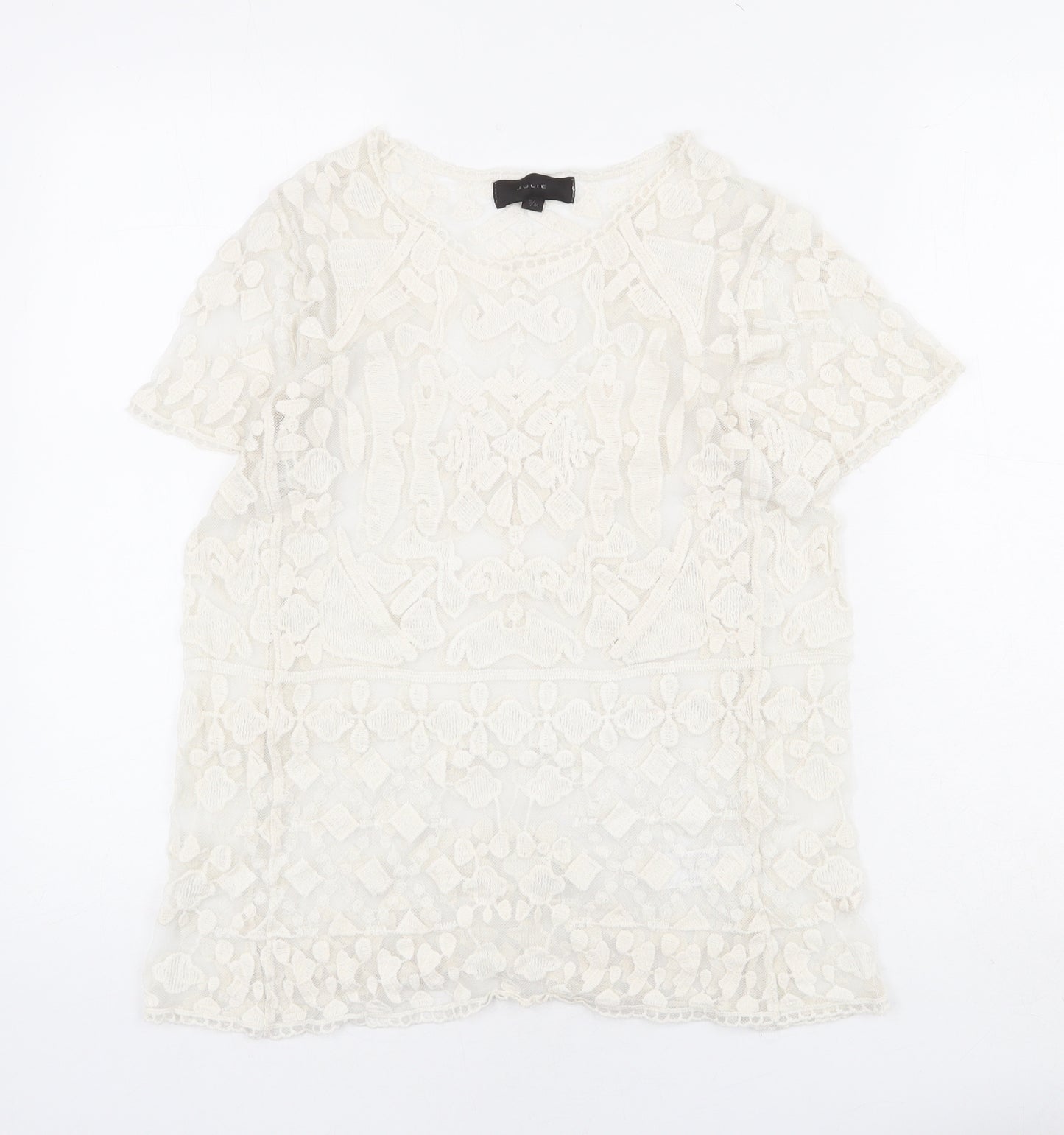 JULIE Womens Ivory Geometric Cotton Basic T-Shirt Size S Round Neck - Size S-M