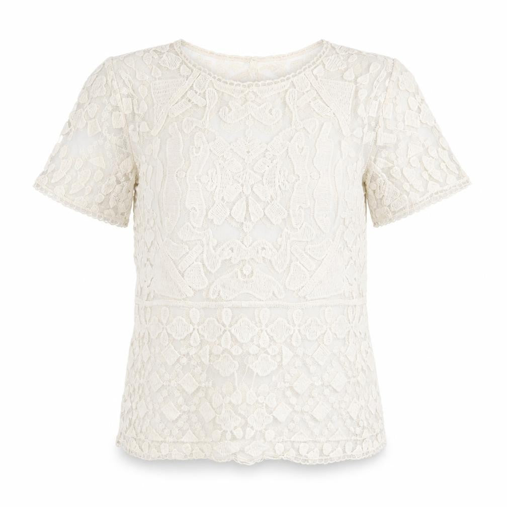 JULIE Womens Ivory Geometric Cotton Basic T-Shirt Size S Round Neck - Size S-M