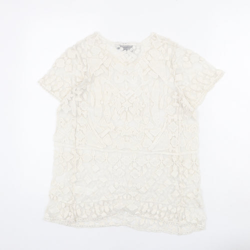JULIE Womens Ivory Geometric Cotton Basic T-Shirt Size S Round Neck - Size S-M