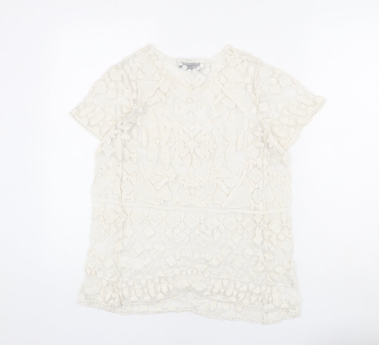 JULIE Womens Ivory Geometric Cotton Basic T-Shirt Size S Round Neck - Size S-M