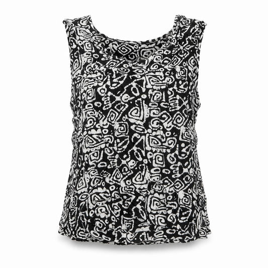 Front view of Dash women’s black geometric viscose basic tank, size UK 12, round neck