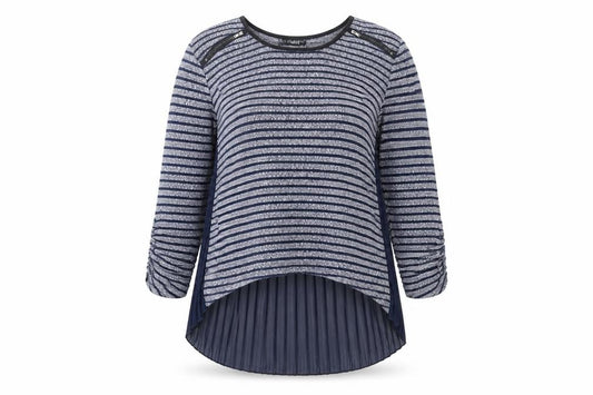 Front view of Quiz women’s blue round neck striped polyester jumper, size UK 12