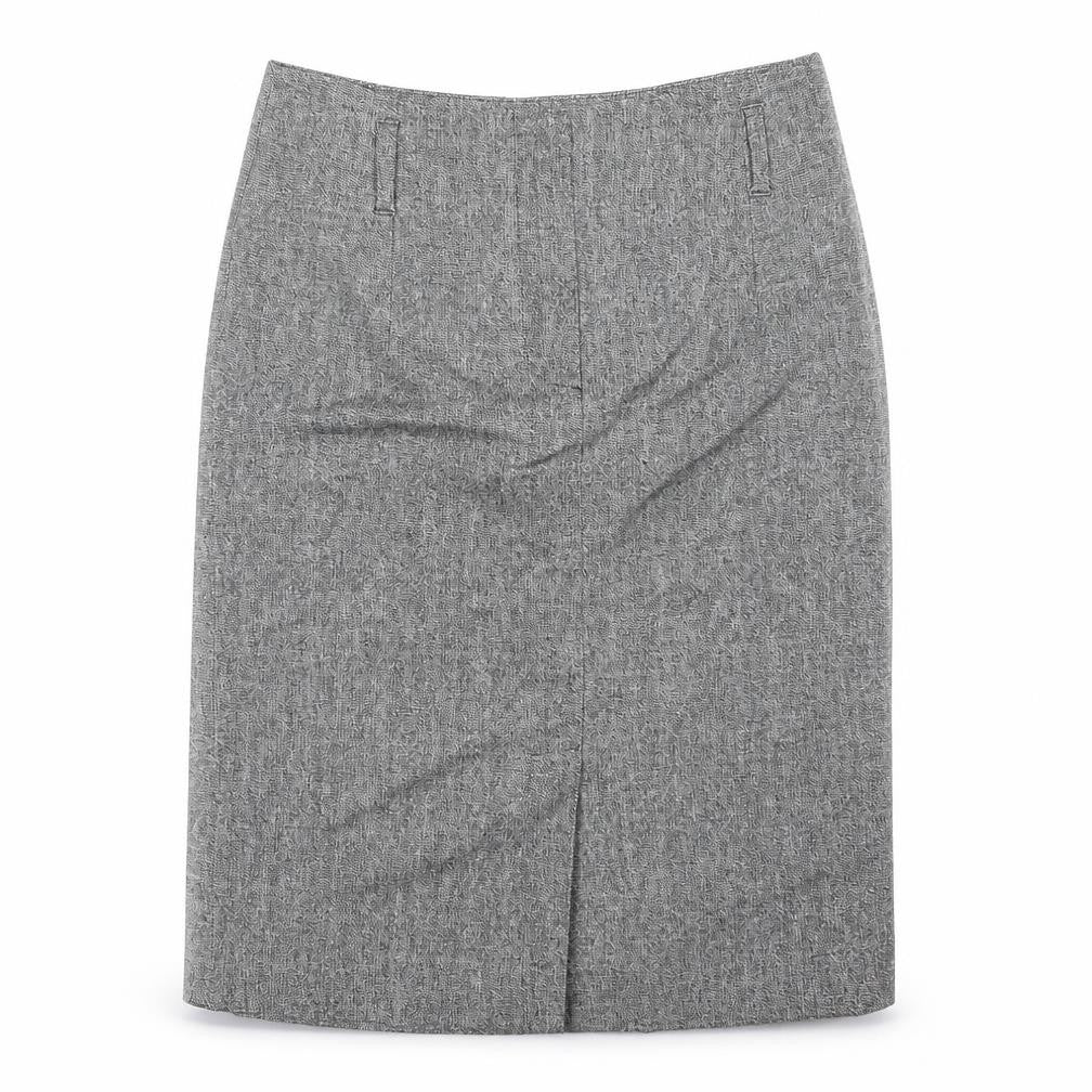 Front view of Minuet women’s grey polyester a-line skirt, size UK 12, zip