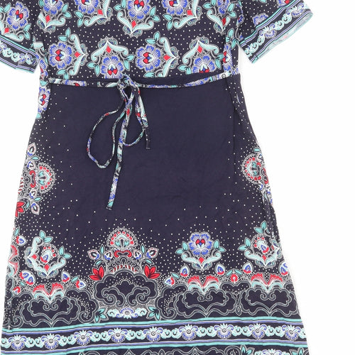 Per Una Womens Blue Geometric Viscose A-Line Size 10 V-Neck Pullover