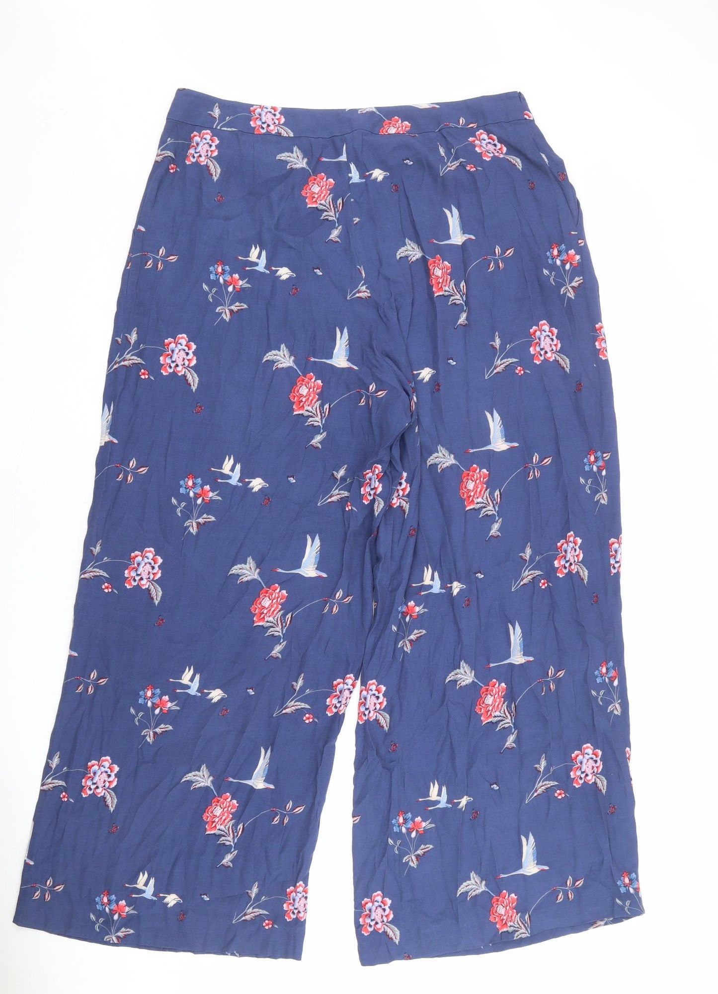 Laura Ashley Womens Blue Geometric Viscose Trousers Size 16 L28 in Regular Zip - Floral Bird Print