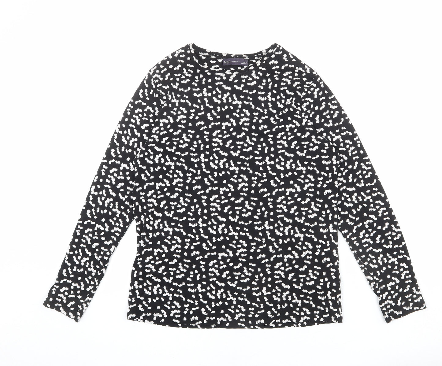 Marks and Spencer Womens Black Geometric 100% Cotton Basic T-Shirt Size 16 Round Neck