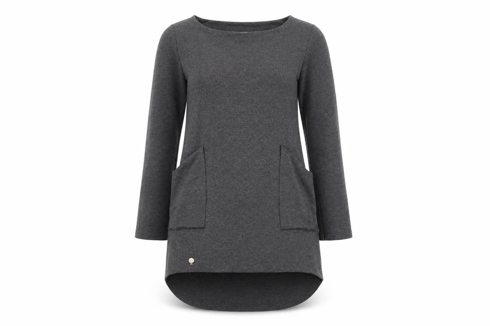 Front view of MAKADAMIA women’s grey polyester jumper dress, size UK 10, round neck pullover