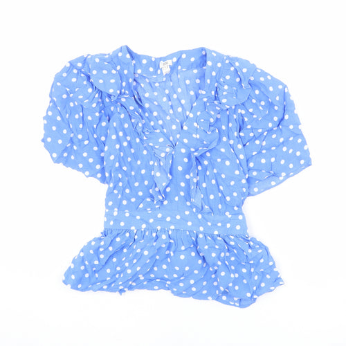 River Island Womens Blue Polka Dot Viscose Basic Blouse Size 12 V-Neck