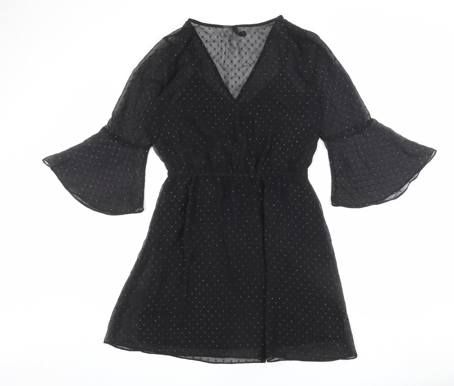 Divided by H&M Womens Black Polka Dot Polyester A-Line Size 16 V-Neck Pullover - Bell Sleeve