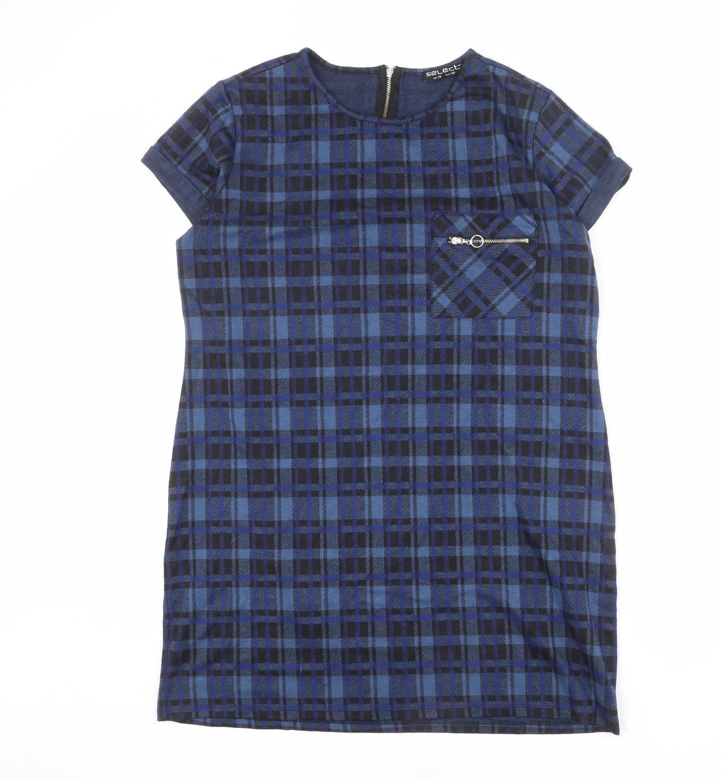 Select Womens Blue Check Polyester Shift Size 18 Round Neck Zip