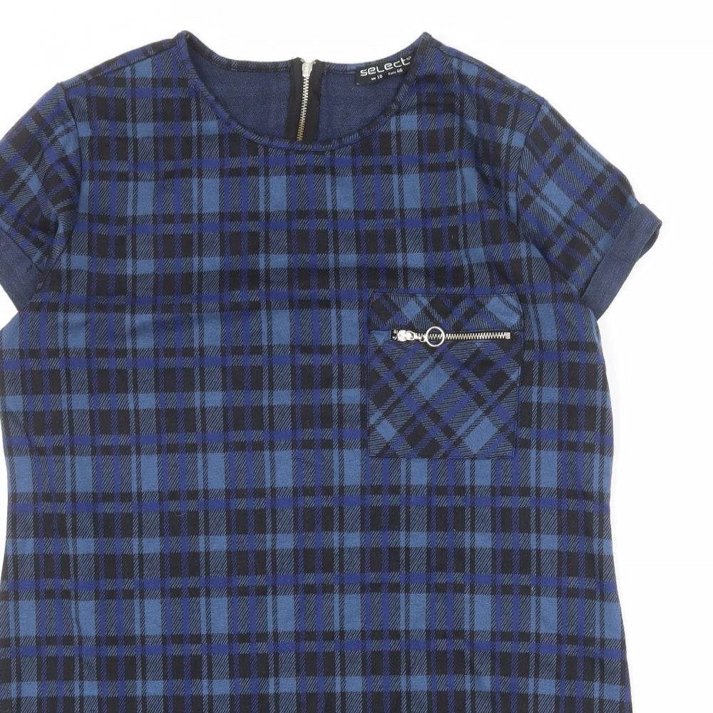 Select Womens Blue Check Polyester Shift Size 18 Round Neck Zip