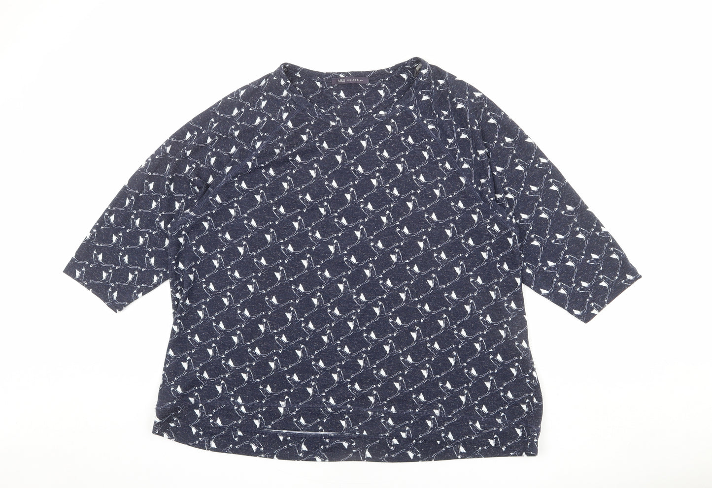 Marks and Spencer Womens Blue Geometric Polyester Basic T-Shirt Size 22 Round Neck