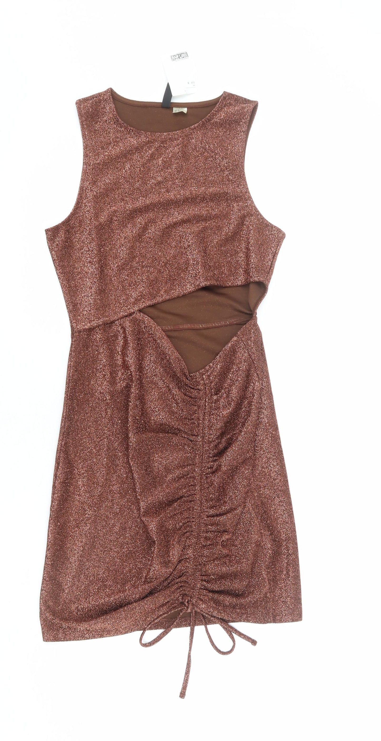 Divided by H&M Womens Brown Polyester Bodycon Size S Round Neck Pullover - Drawstring Detail