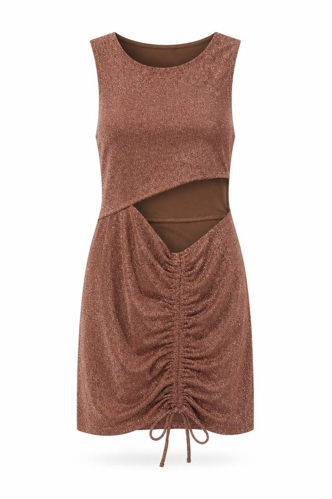 Front view of Divided by H&M women’s brown polyester bodycon, size S, round neck pullover - drawstring detail