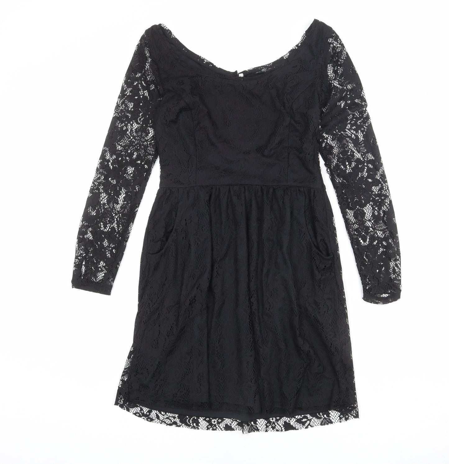 Zara Womens Black Polyester A-Line Size M Boat Neck Button - Lace