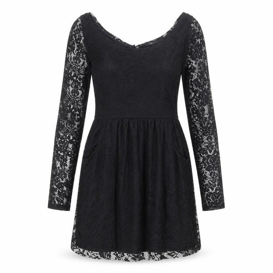 Front view of Zara women’s black polyester a-line, size M, boat neck button - lace