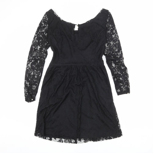 Zara Womens Black Polyester A-Line Size M Boat Neck Button - Lace