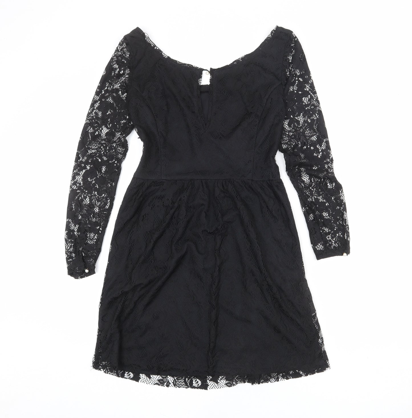 Zara Womens Black Polyester A-Line Size M Boat Neck Button - Lace