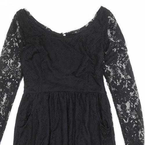 Zara Womens Black Polyester A-Line Size M Boat Neck Button - Lace