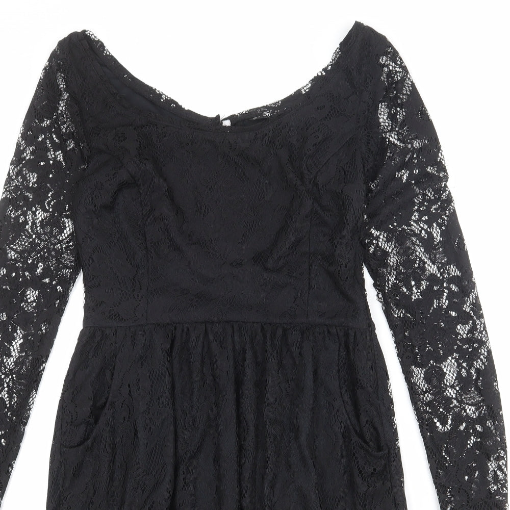 Zara Womens Black Polyester A-Line Size M Boat Neck Button - Lace