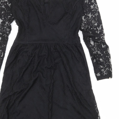 Zara Womens Black Polyester A-Line Size M Boat Neck Button - Lace