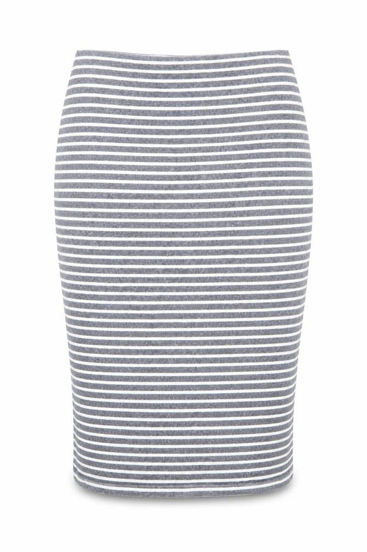 Front view of Marks & Spencer women’s blue striped cotton bandage skirt, size UK 12