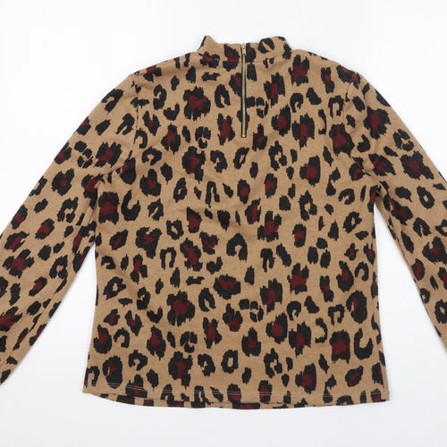Oasis Womens Brown Animal Print Polyester Basic Blouse Size S Mock Neck