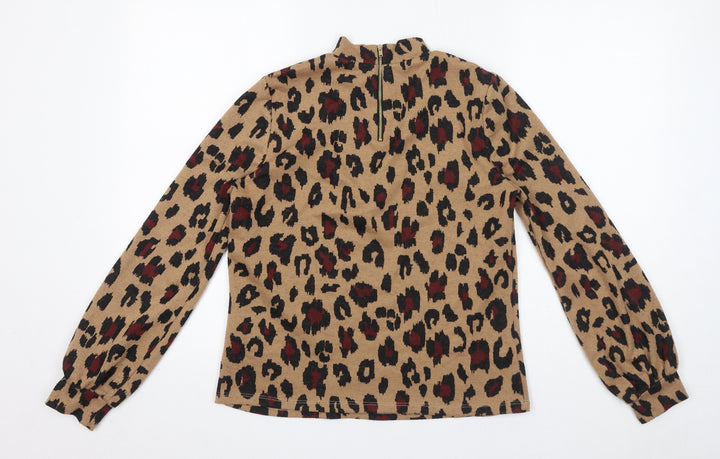Oasis Womens Brown Animal Print Polyester Basic Blouse Size S Mock Neck