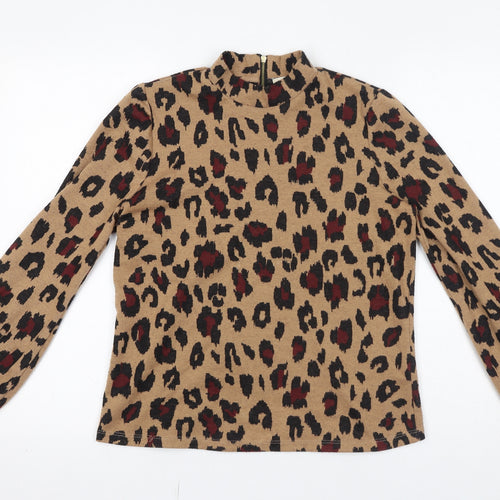 Oasis Womens Brown Animal Print Polyester Basic Blouse Size S Mock Neck