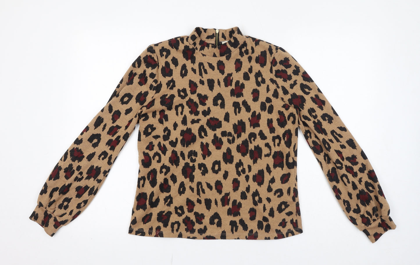 Oasis Womens Brown Animal Print Polyester Basic Blouse Size S Mock Neck