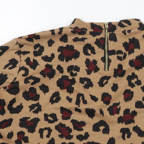 Oasis Womens Brown Animal Print Polyester Basic Blouse Size S Mock Neck