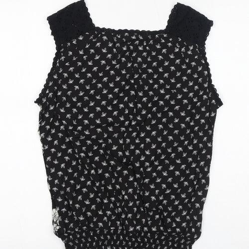 SOLITAIRE Womens Black Floral Cotton Basic Blouse Size M V-Neck
