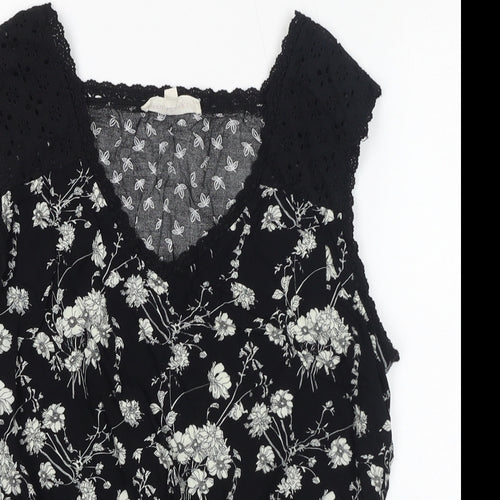 SOLITAIRE Womens Black Floral Cotton Basic Blouse Size M V-Neck